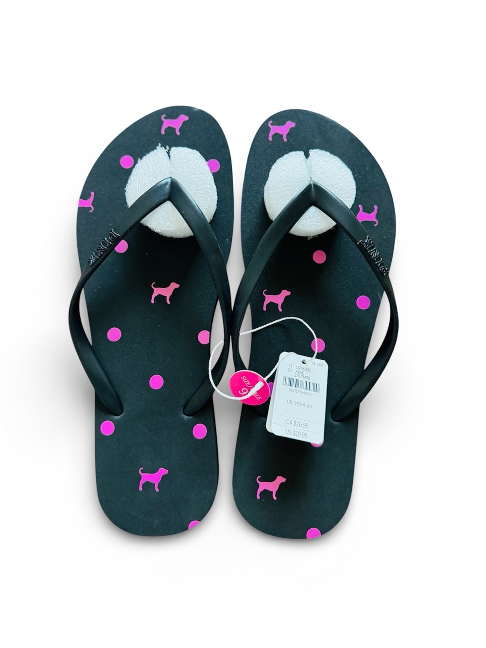 Victoria’s Secret Pink Dot & Dog Print Black Flip Flops Summer Size 9